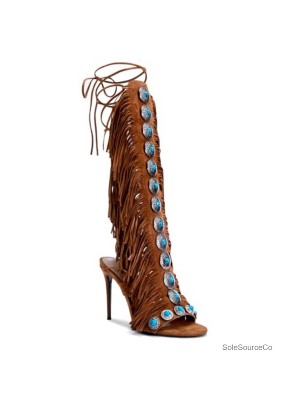 Women's Knee High Fringe Stiletto Gladiator Heeled Sandals, PU